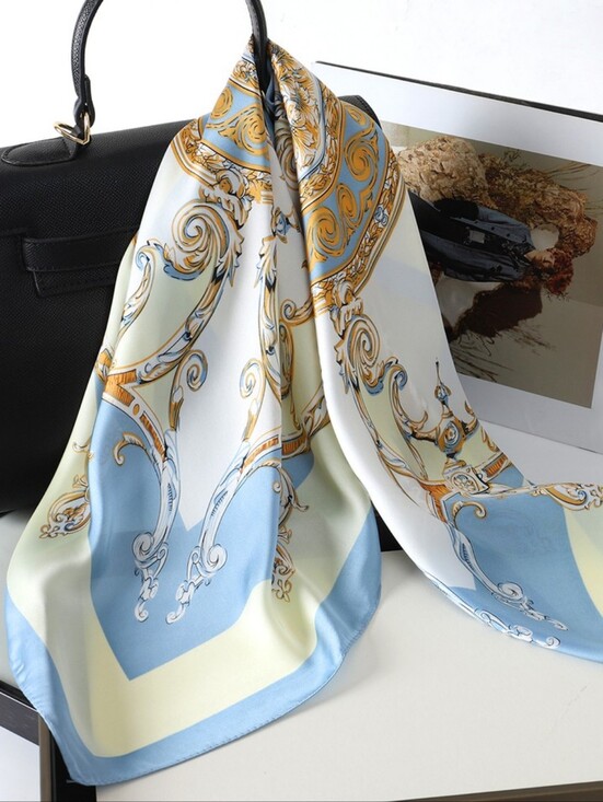 Accessories - Silk-Feel Decorative Square Scarf in Pale Blue & Cream Head Scarf , 70×70cm